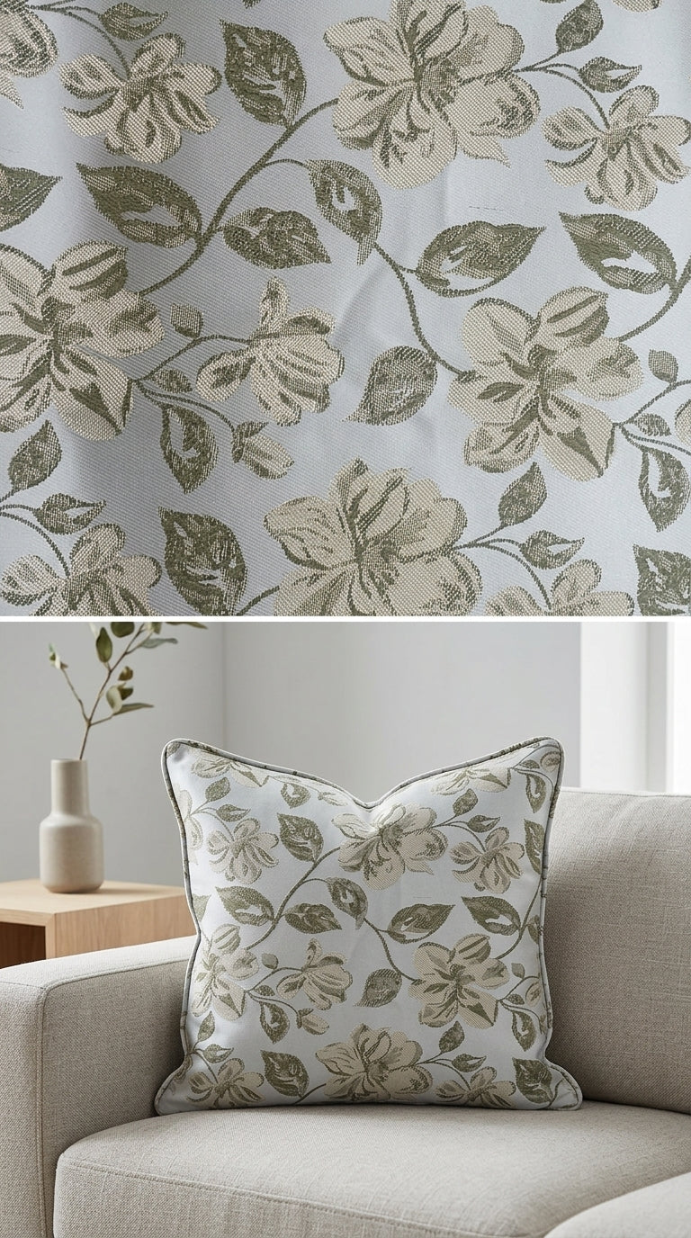 Ivory Satin Fabric with Olive Green Floral Jacquard