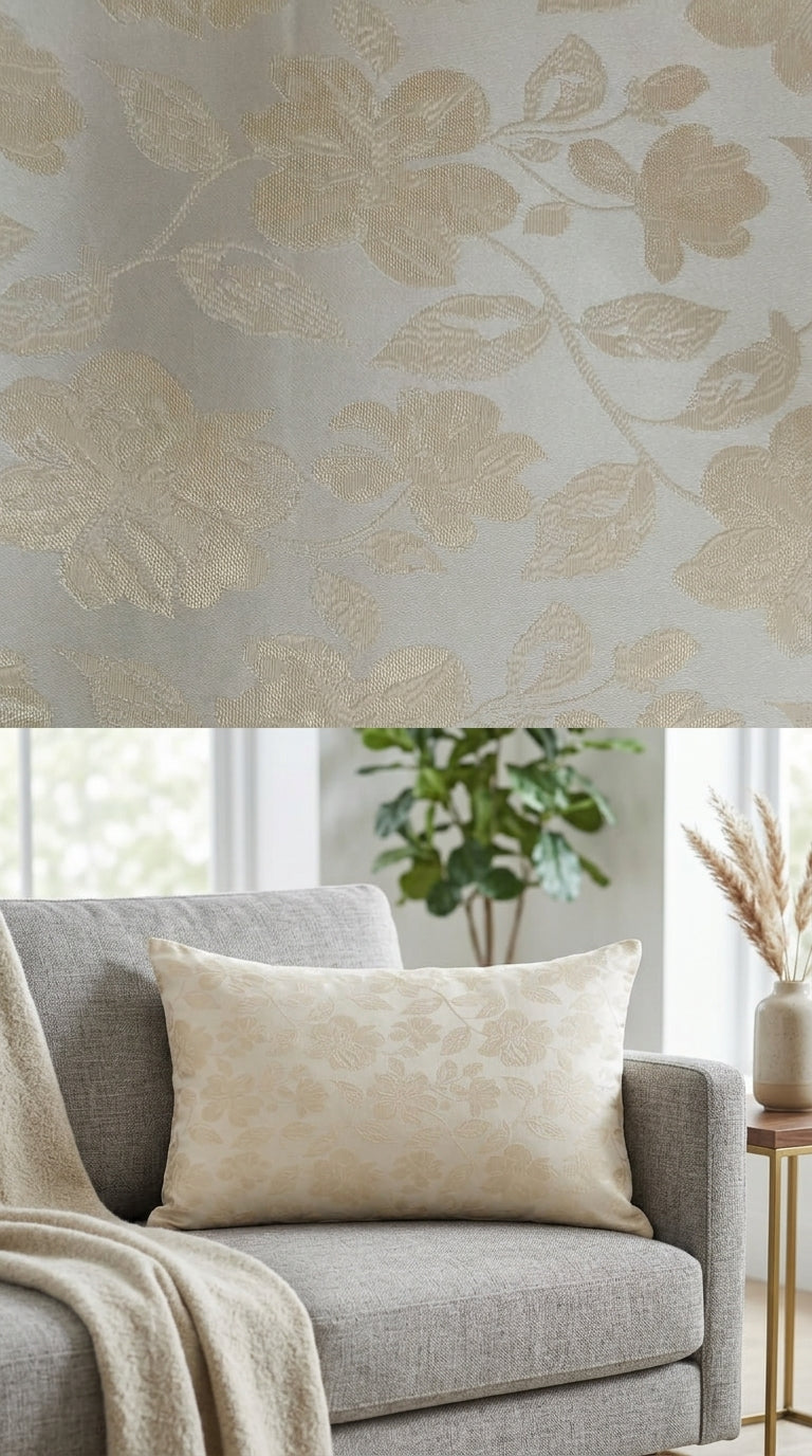 Ivory Satin Fabric with Champagne Rose Jacquard