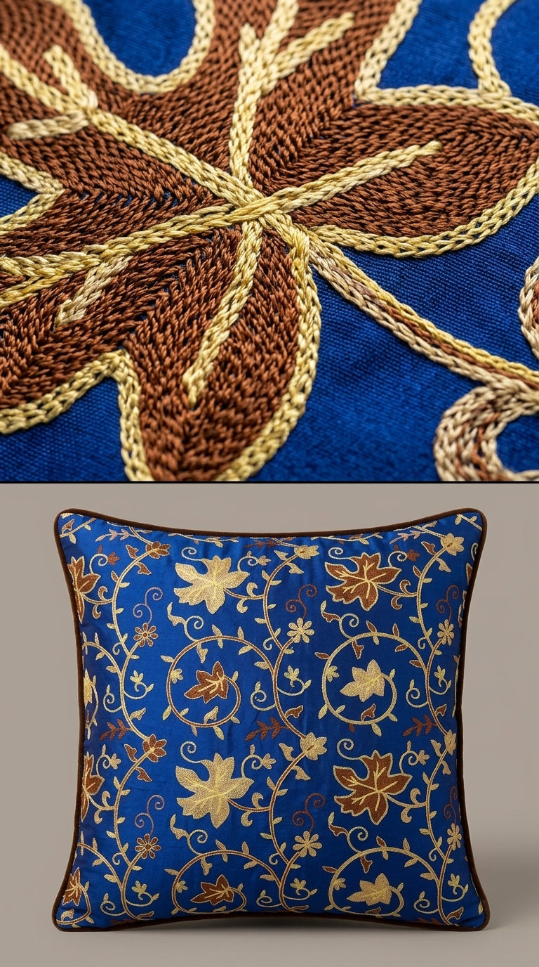 Royal Blue Silk Crewel Embroidery Fabric
