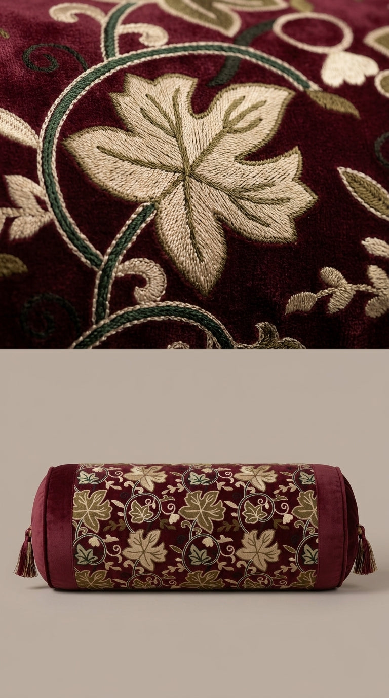 Wine Red Velvet Crewel Leaf Embroidery Fabric