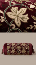 Wine Red Velvet Crewel Leaf Embroidery Fabric