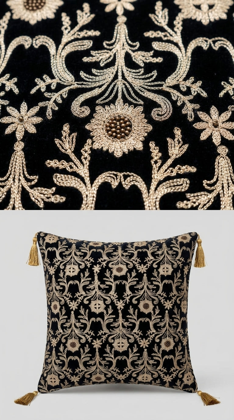 Decorative pillow with intricate floral pattern on a black background