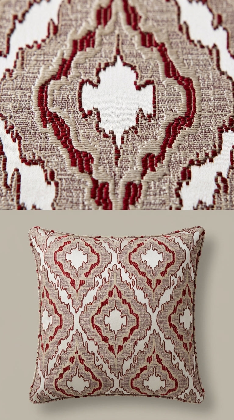 Ikat Medallion Jacquard Fabric — Crimson & Beige
