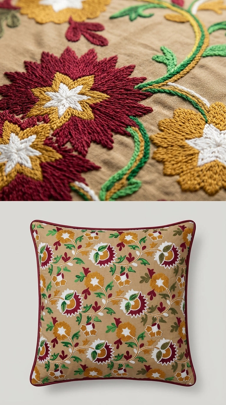 Embroidered pillow with floral patterns on a beige background