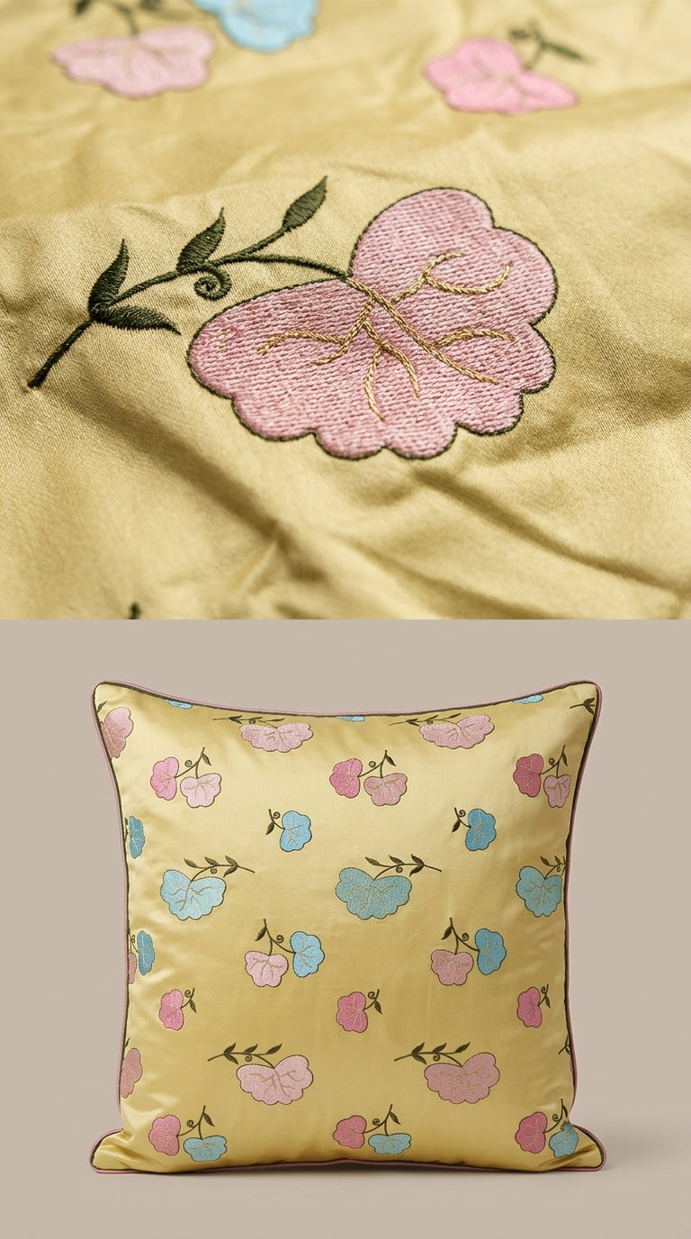 Butter Yellow Silk Appliqué Floral Fabric