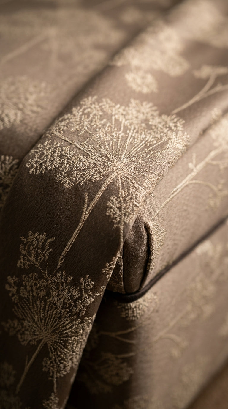 Taupe Satin Fabric with Ivory Dandelion Spray Jacquard