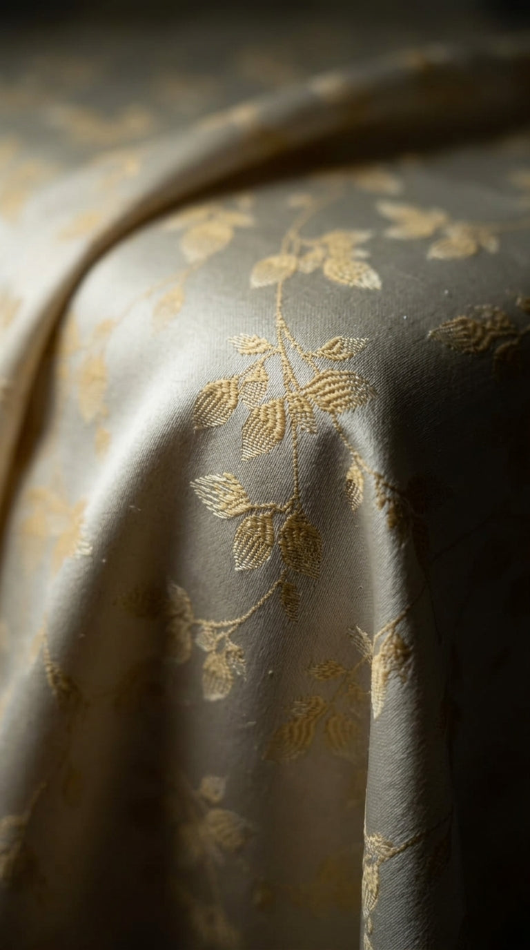 Cascading Leaf Silk Fabric — Ivory & Champagne Gold