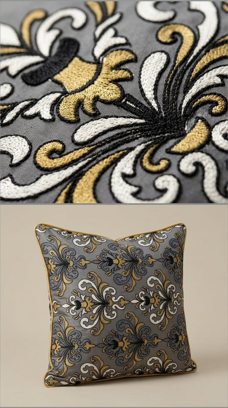 Charcoal Grey Baroque Embroidery Fabric