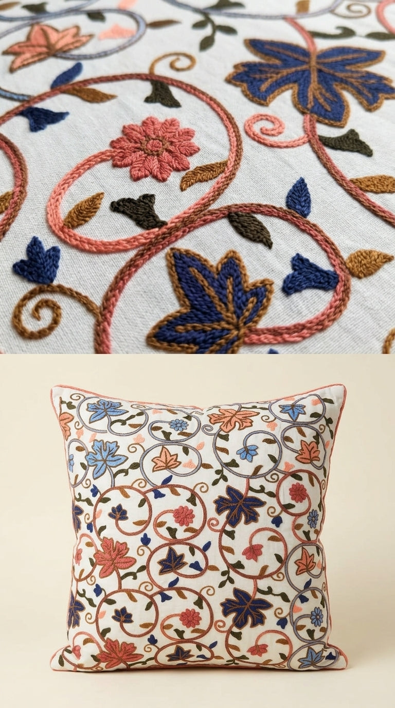 White Cotton Multicolour Crewel Embroidery Fabric