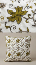 White Velvet Crewel Olive Floral Vine Fabric