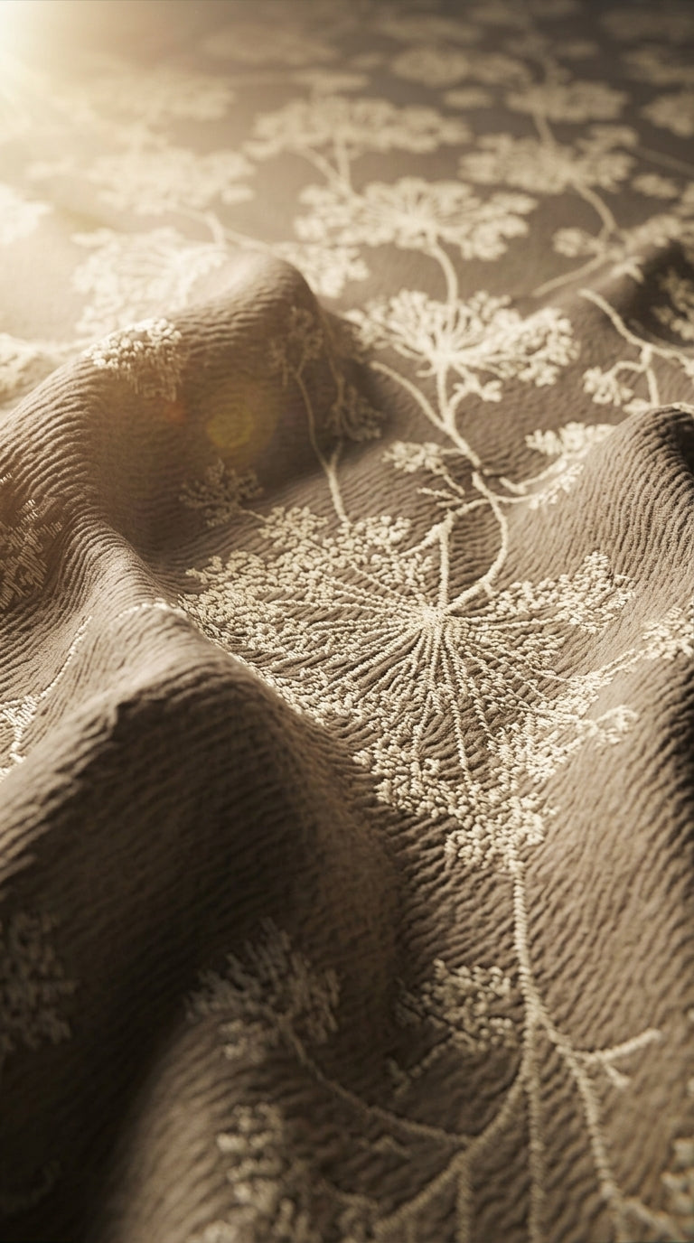 Dandelion Spray Silk Fabric — Taupe Tone-on-Tone