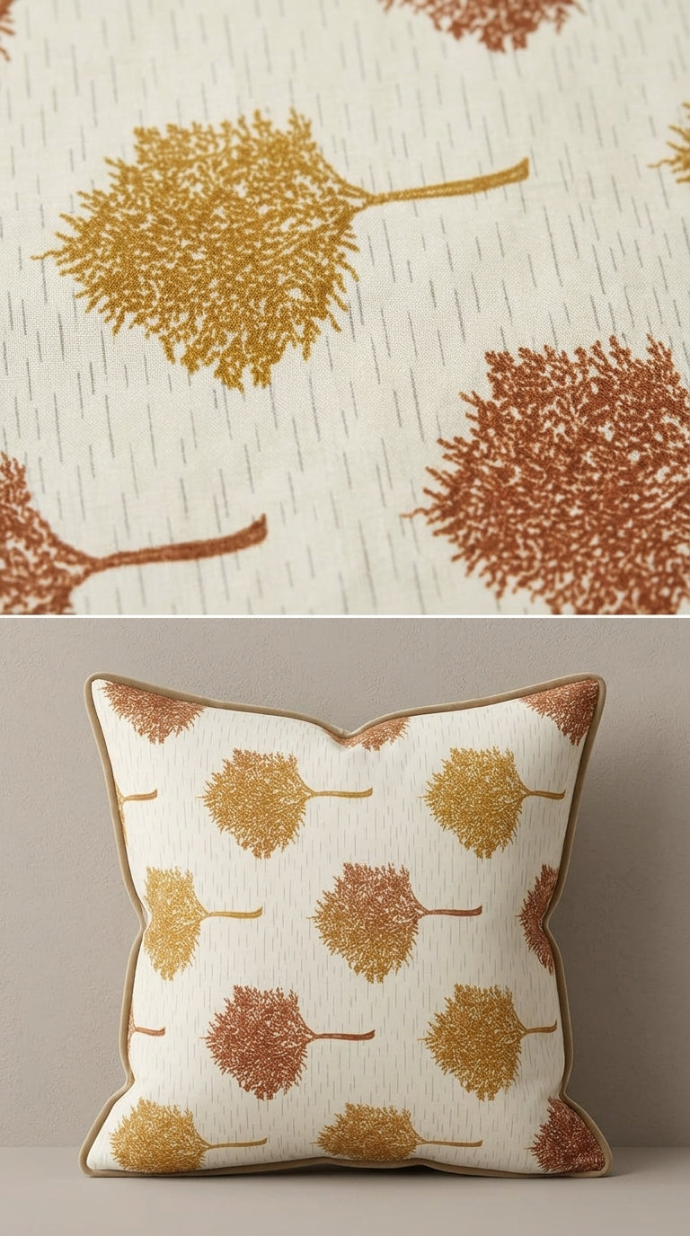 Decorative pillow with leaf pattern on a neutral background