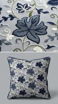 Steel Blue Linen Crewel Leaf Embroidery Fabric
