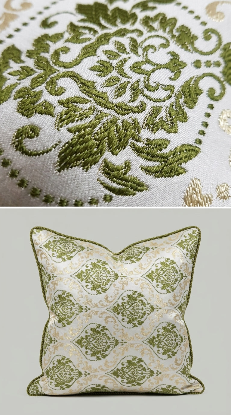 Green Damask Embroidered Fabric — Ivory & Olive