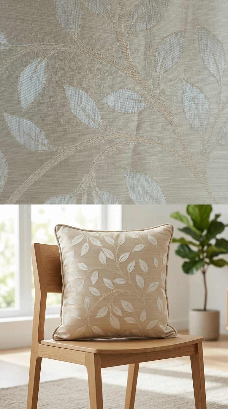 Beige Satin Fabric with Botanical Leaf Jacquard Weave
