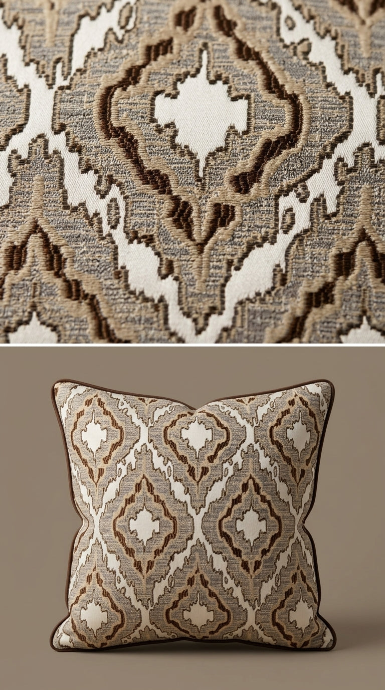 Ikat Medallion Jacquard Fabric — Taupe & Ivory