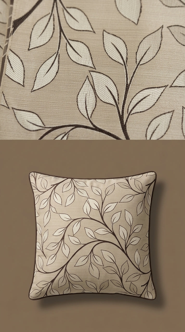 Trailing Leaf Vine Satin Fabric — Beige & Brown