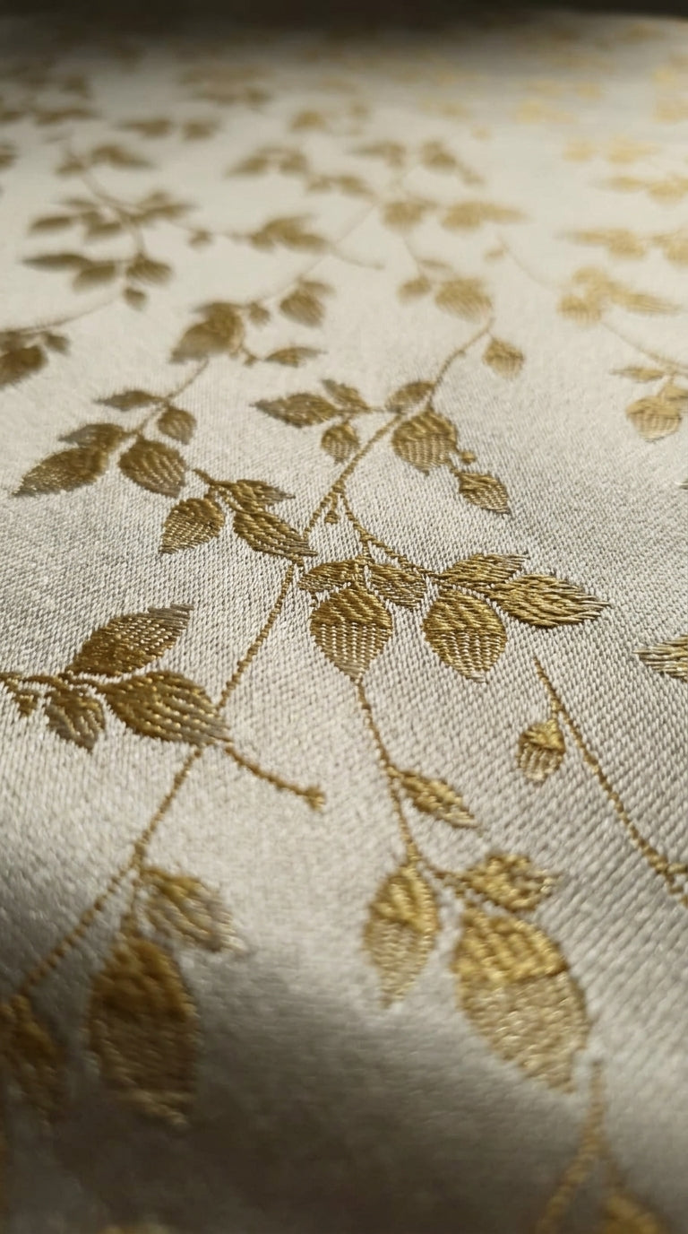 Cascading Leaf Silk Fabric — Ivory & Champagne Gold