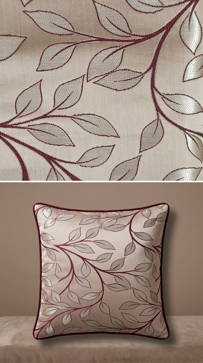 Trailing Leaf Vine Satin Fabric — Ivory, Silver & Burgundy