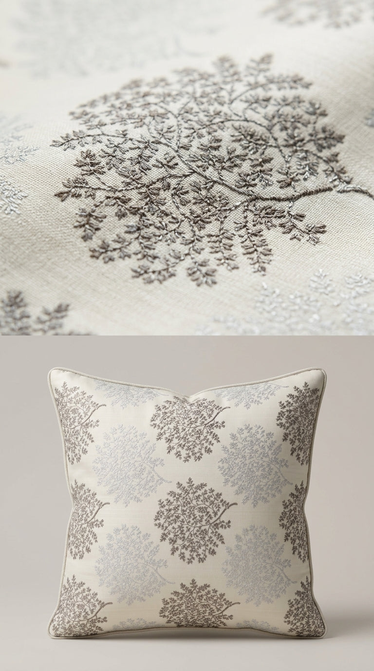 Silver Botanical Jacquard Fabric — Ivory & Grey
