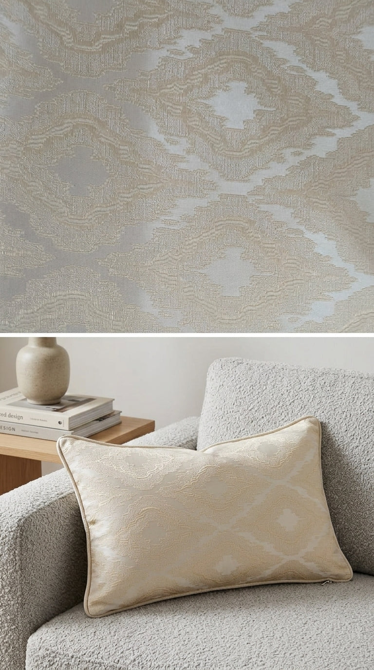 Ivory Satin Fabric with Champagne Tone-on-Tone Ikat Jacquard