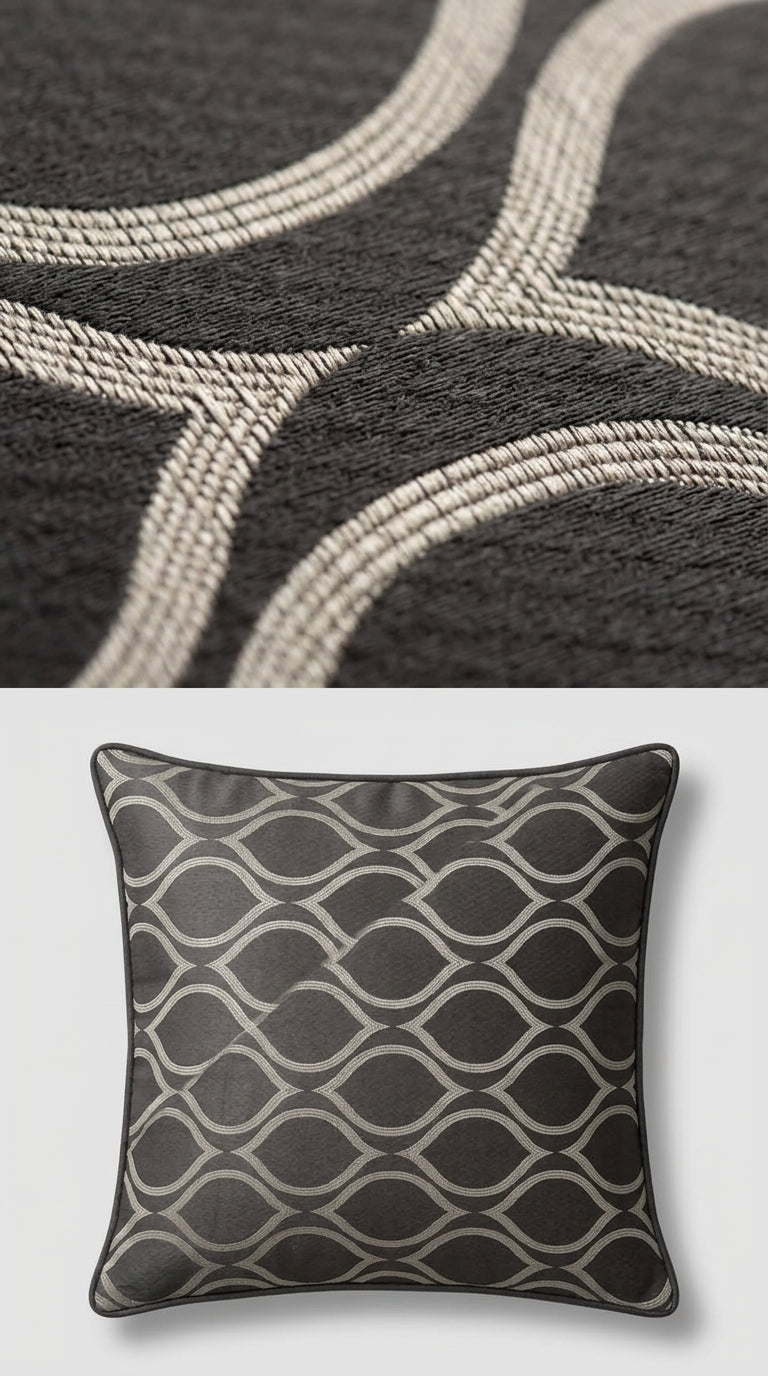 Dark Brown Satin Fabric with Ivory Ogee Wave Lattice Jacquard