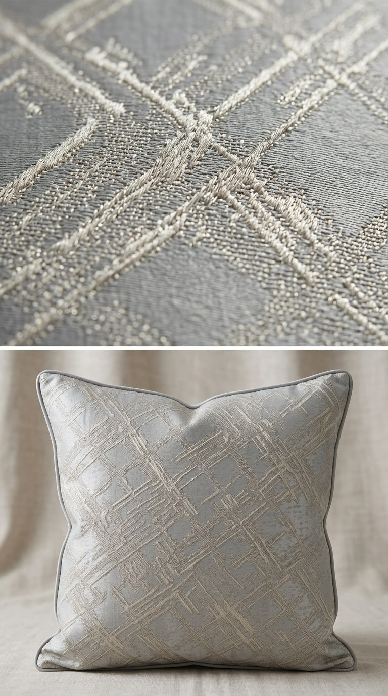 Abstract Crosshatch Jacquard Silk Fabric — Grey & Ivory Premium