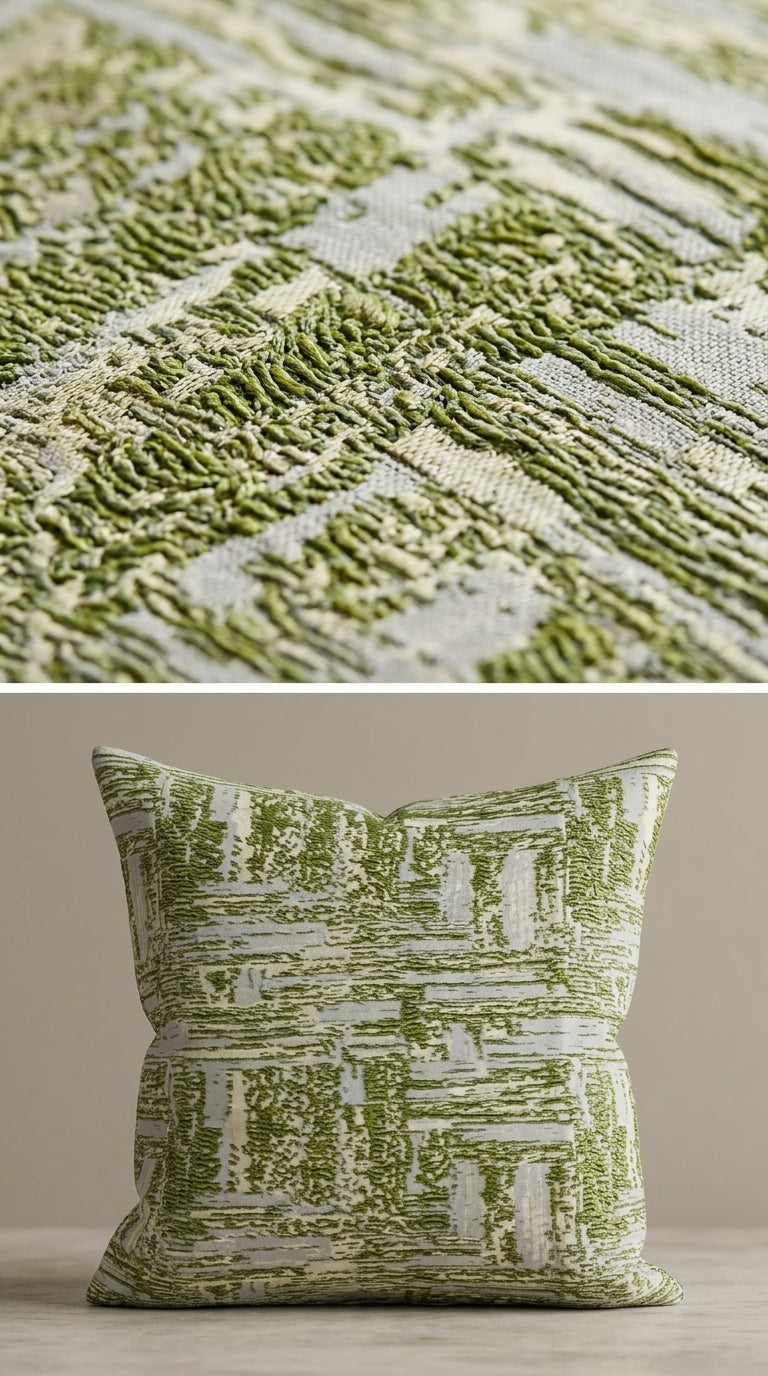 Textured Chenille Jacquard Fabric — Olive Green & Ivory