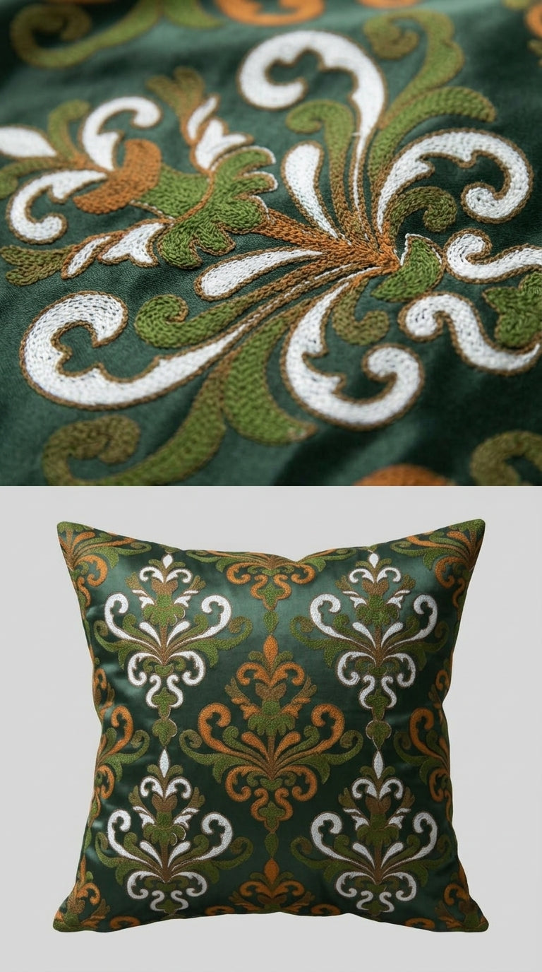 Dark Green Embroidered Damask Fabric