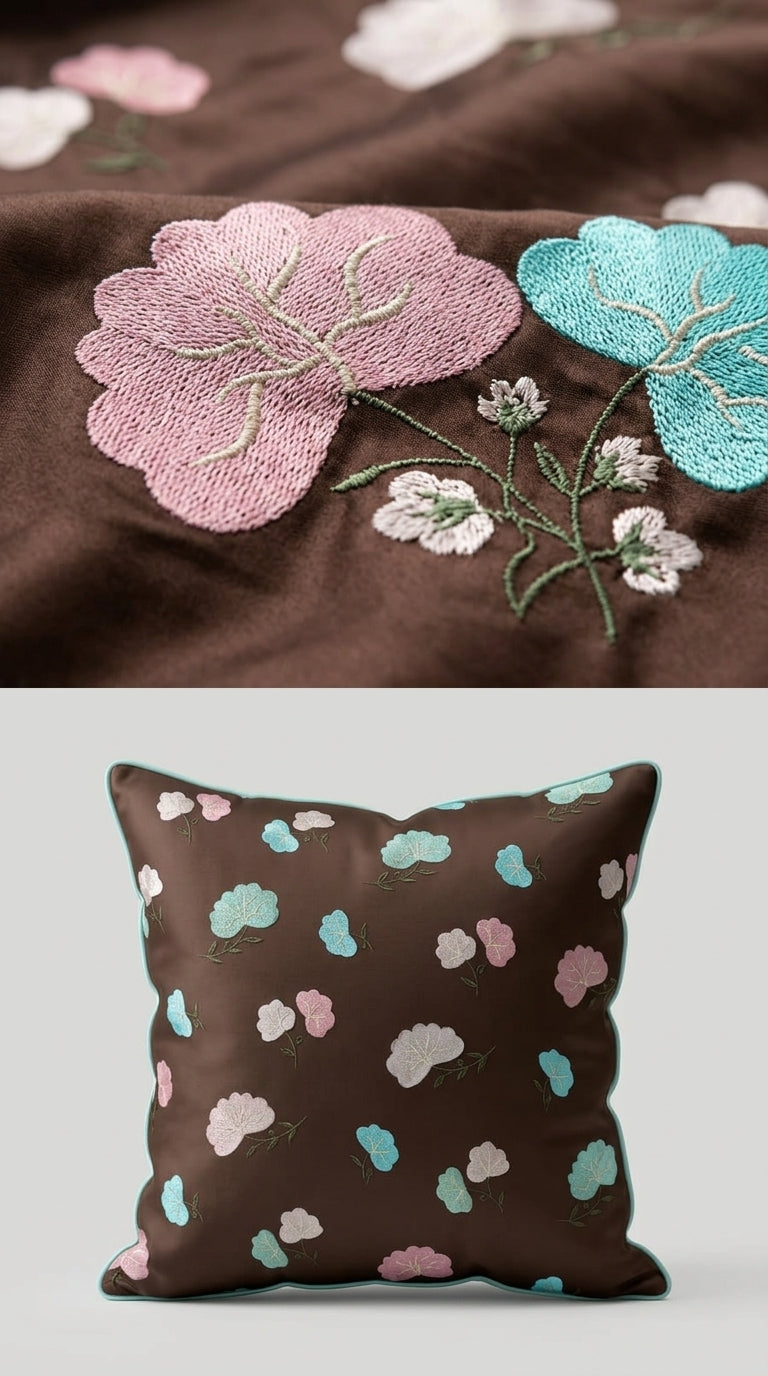 Chocolate Brown Velvet Scattered Floral Embroidery Fabric
