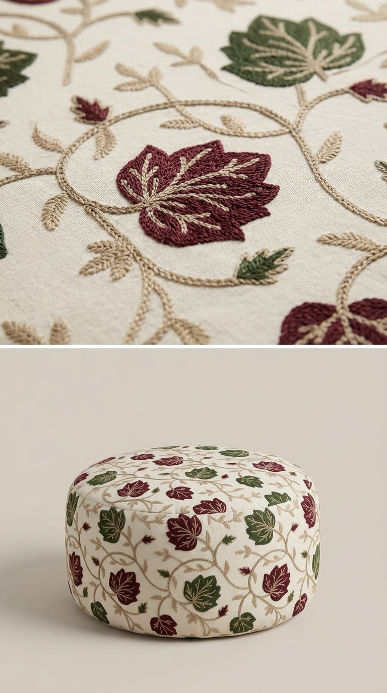Ivory Cotton Crewel Tulip & Leaf Embroidery Fabric