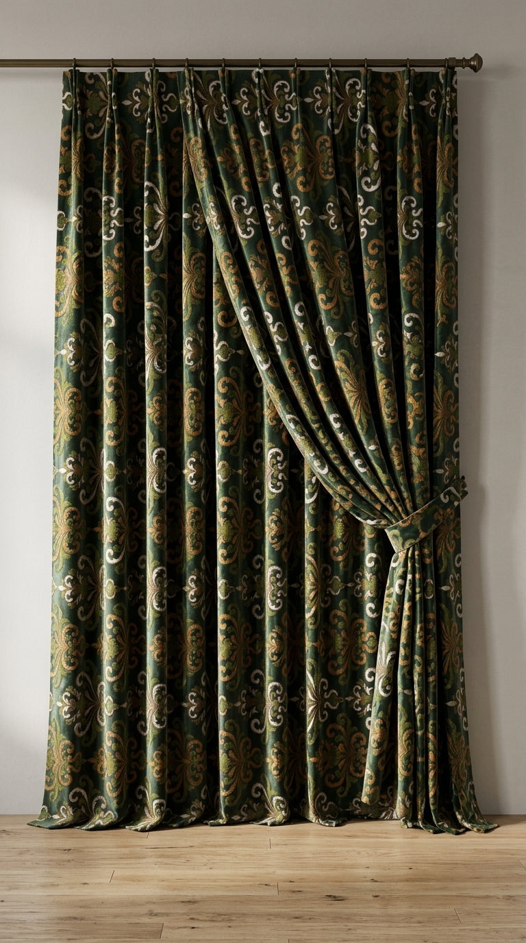 Dark Green Embroidered Damask Fabric