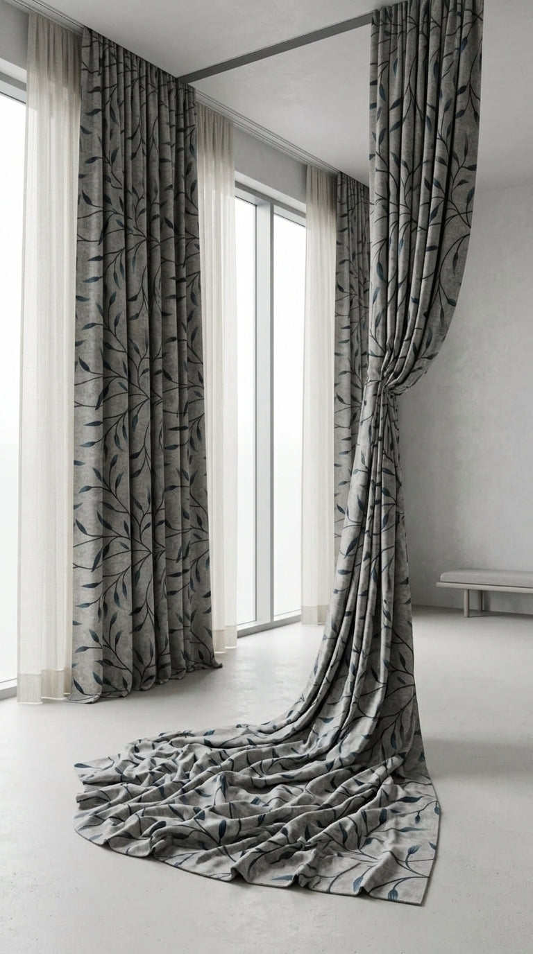 Trailing Leaf Silk Fabric — Silver & Teal