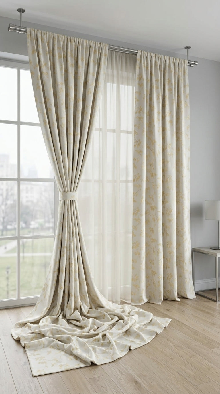 Cascading Leaf Silk Fabric — Ivory & Champagne Gold