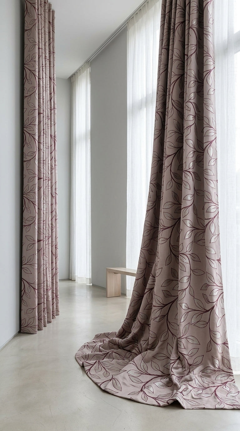 Trailing Leaf Vine Satin Fabric — Ivory, Silver & Burgundy