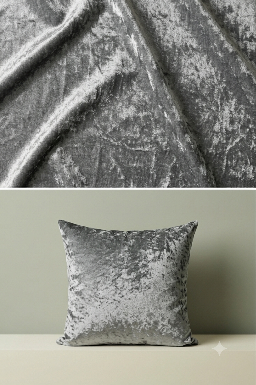 Gray textured fabric and a matching pillow on a neutral background