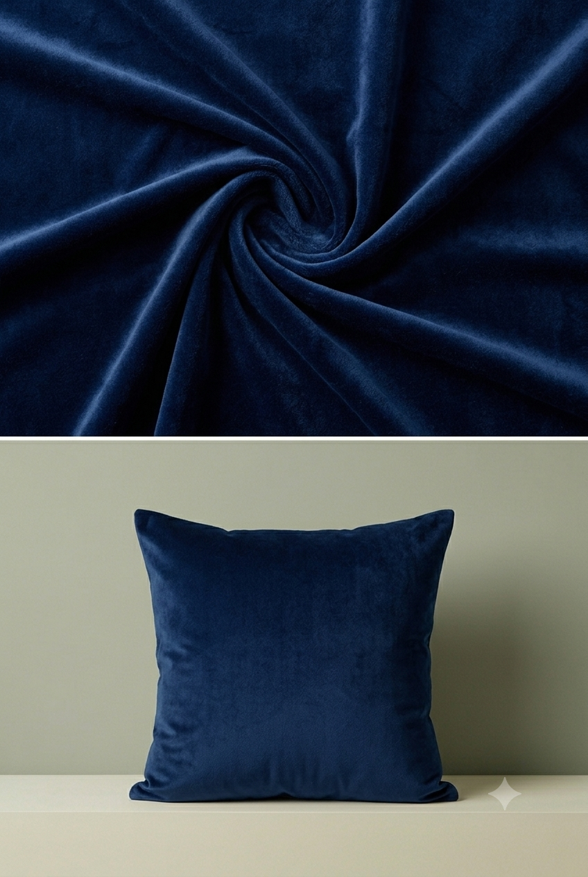 Top: Close-up of dark blue fabric texture. Bottom: Dark blue pillow on a beige surface with a neutral background.