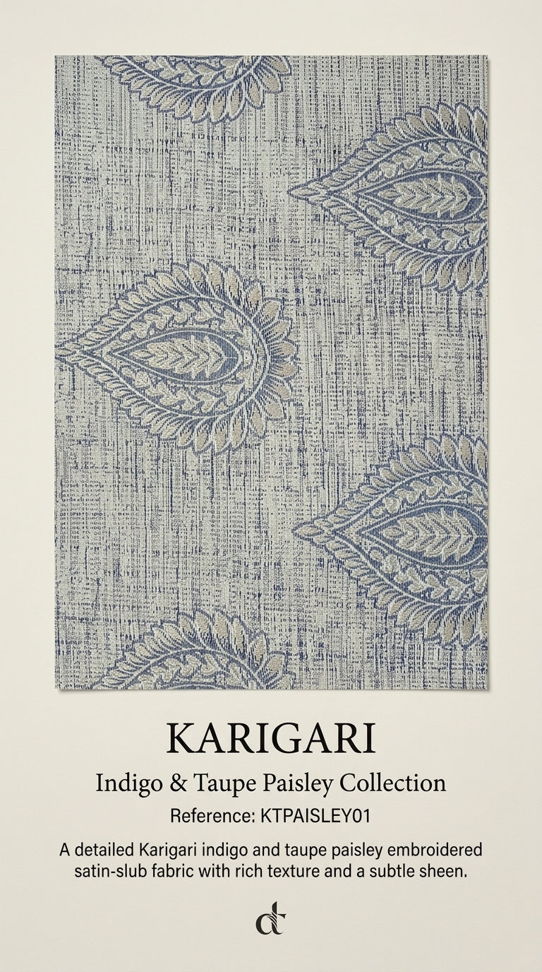 Paisley Embroidered Satin Fabric — Indigo & Taupe