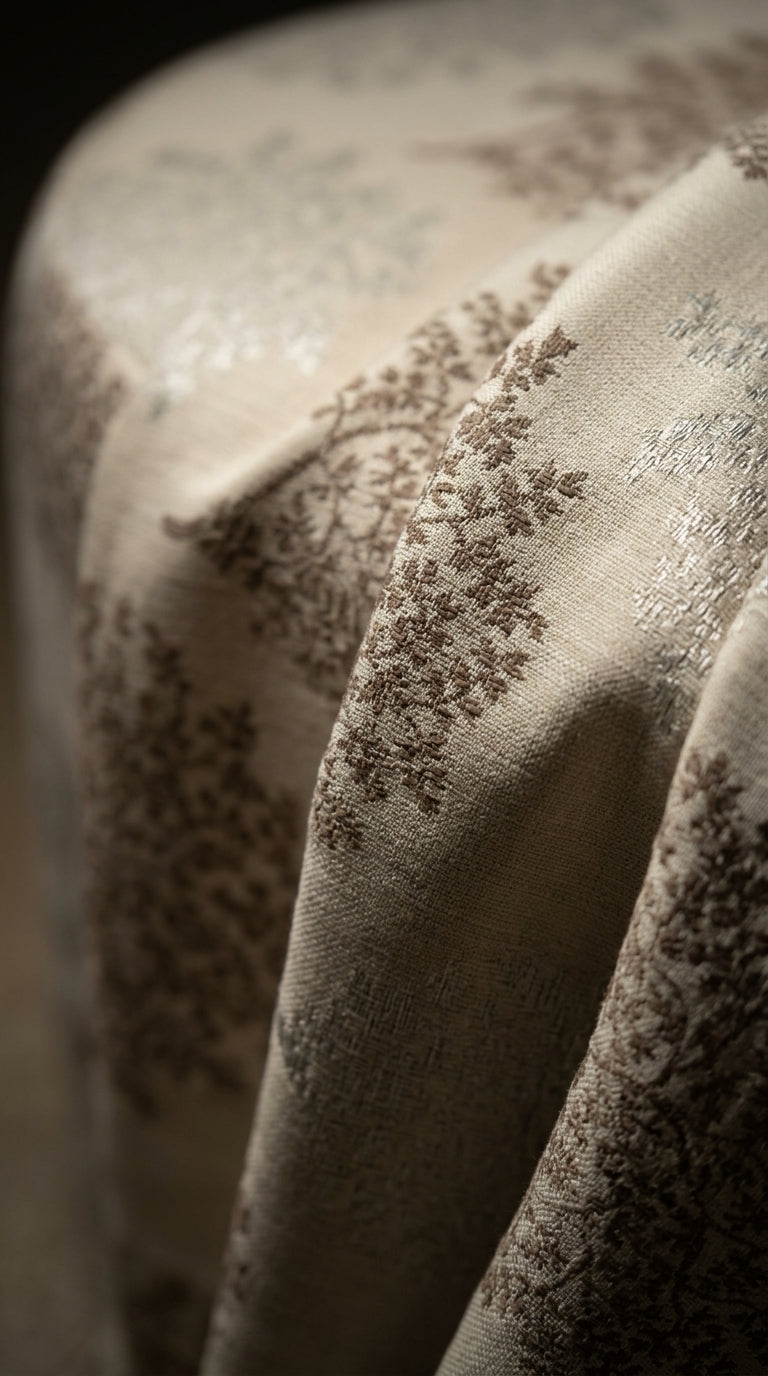 Ivory Satin Fabric with Brown Tree Canopy Jacquard