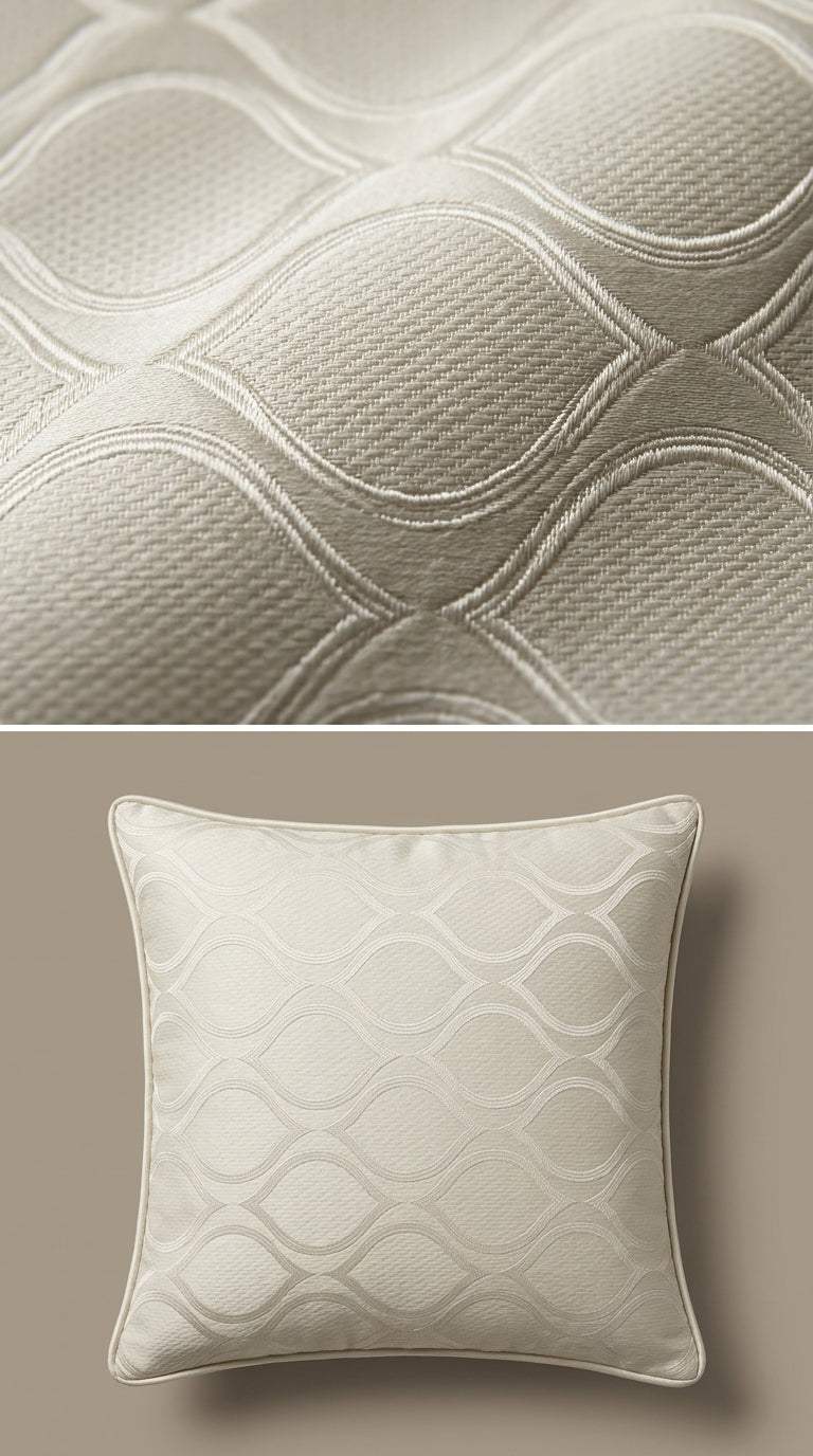 Ivory Satin Fabric with Tone-on-Tone Silver Ogee Wave Lattice Jacquard