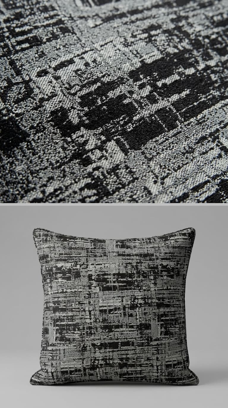 Textured black and white fabric with a matching pillow on a gray background
