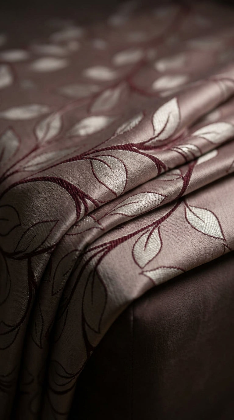 Trailing Leaf Vine Satin Fabric — Ivory, Silver & Burgundy