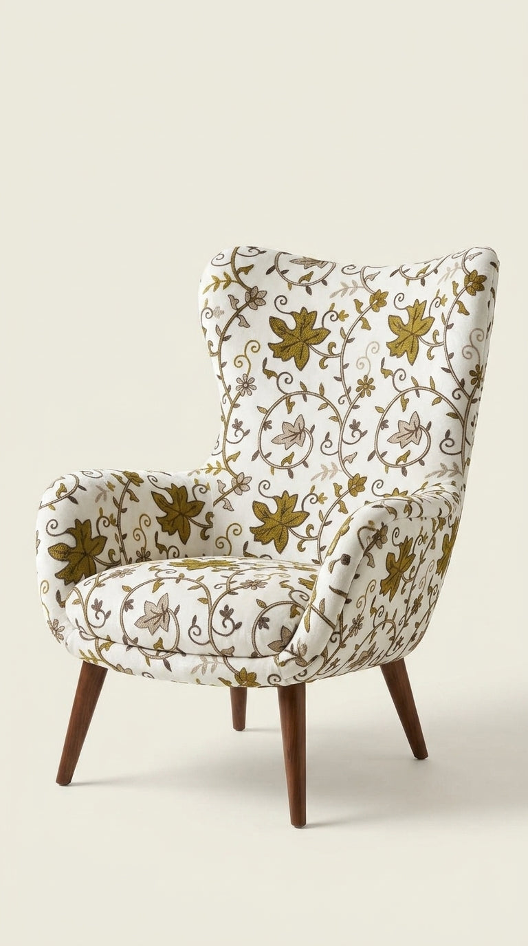 White Velvet Crewel Olive Floral Vine Fabric