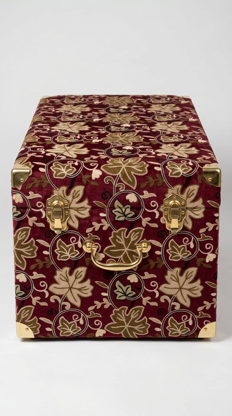 Wine Red Velvet Crewel Leaf Embroidery Fabric