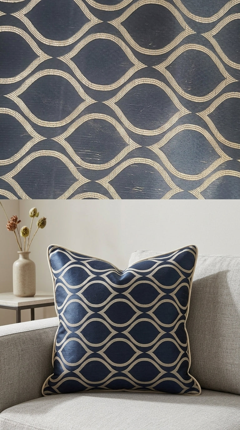 Navy Blue Satin Fabric with Gold Ogee Wave Lattice Jacquard