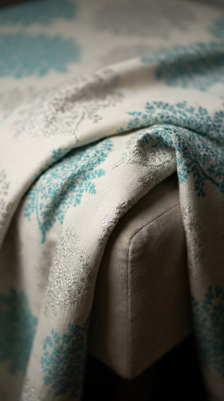 Tree Canopy Satin Fabric — Ivory, Teal & Silver