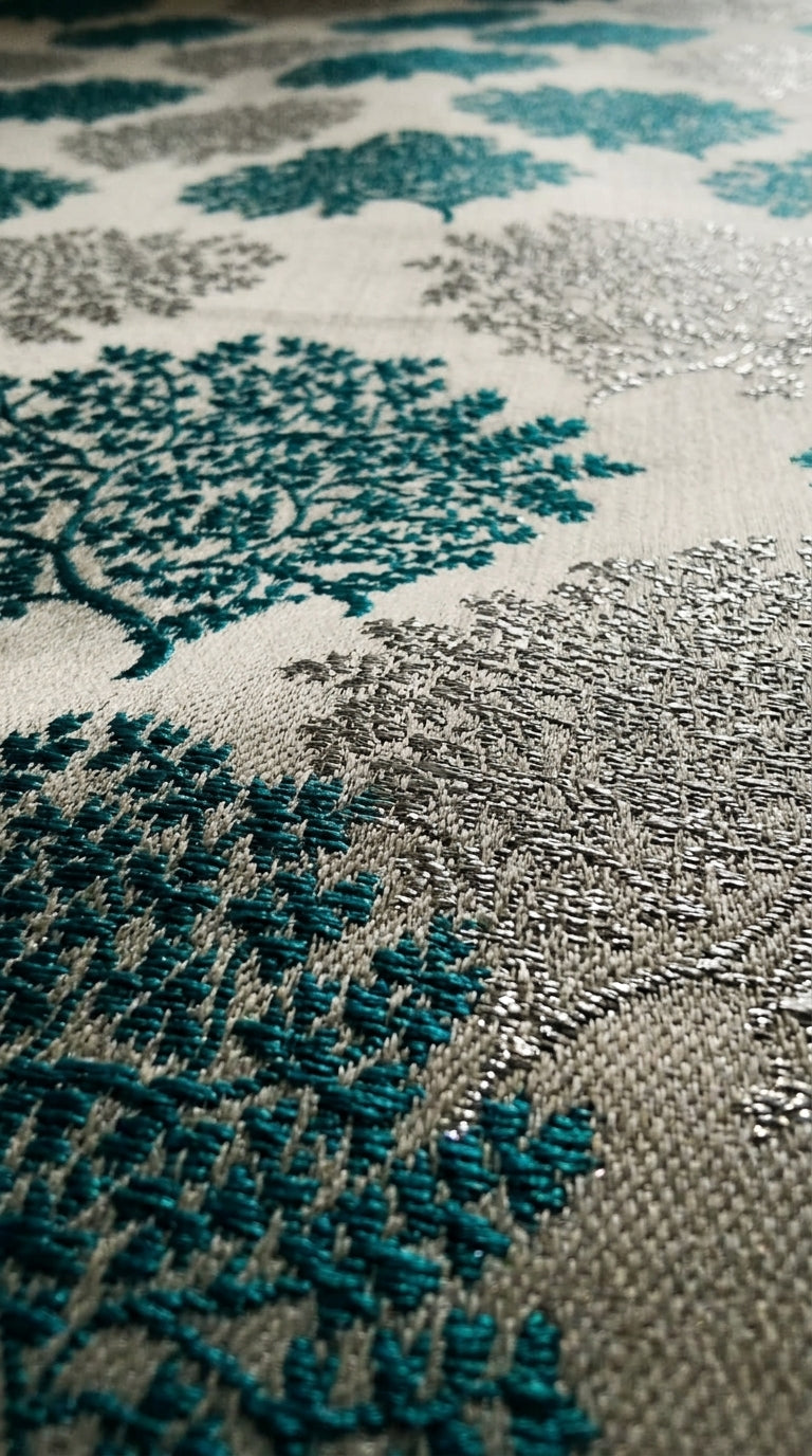 Tree Canopy Satin Fabric — Ivory, Teal & Silver