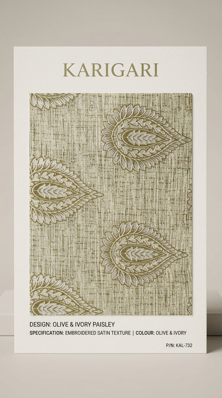 Paisley Embroidered Satin Fabric — Olive & Ivory