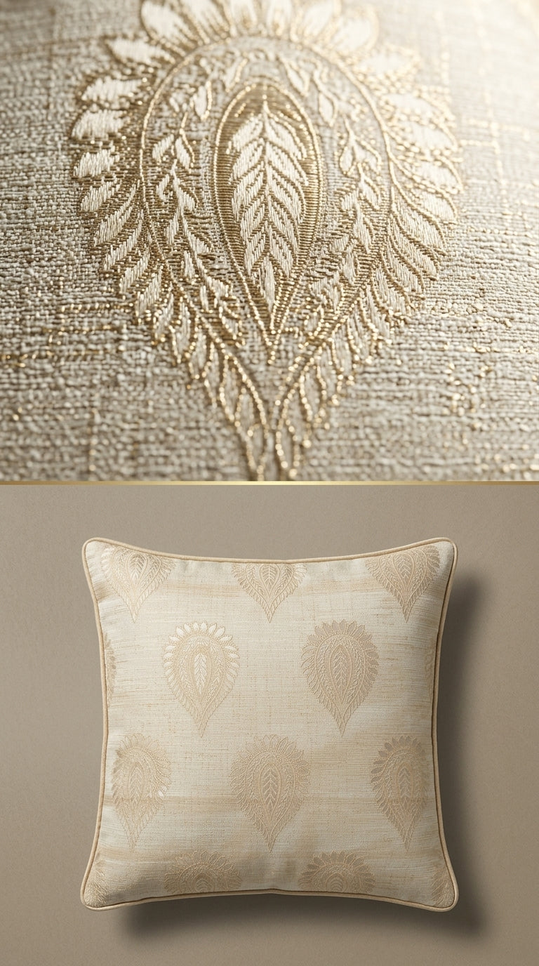 A square decorative throw pillow in a warm beige fabric with a subtle tonal paisley pattern, shown below a close-up of the matching embroidered fabric texture.