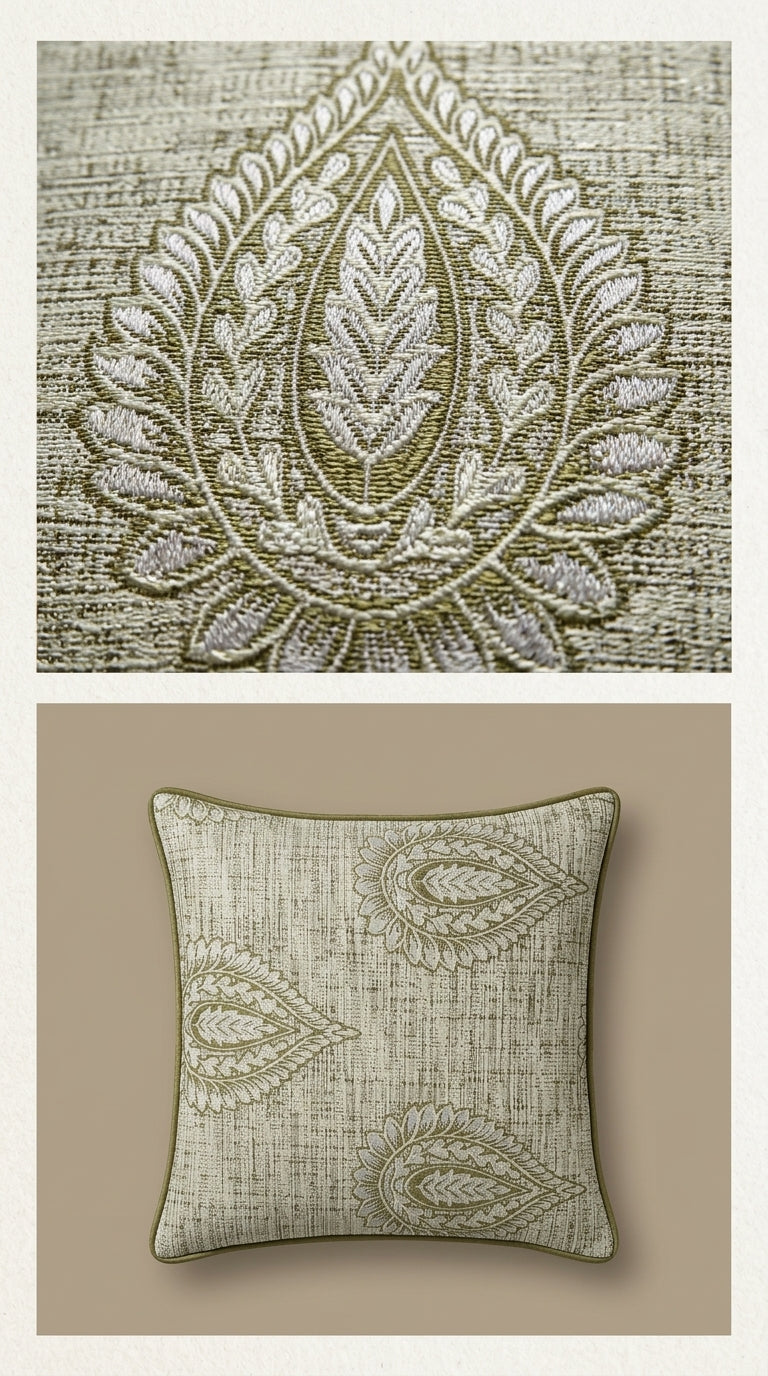 Paisley Embroidered Satin Fabric — Olive & Ivory